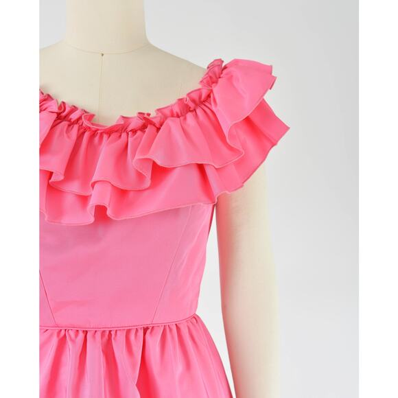 Vintage 60s Pink Party Dress Ruffle Neck Full Circle Skirt Midi Dress XS - Picture 3 of 7